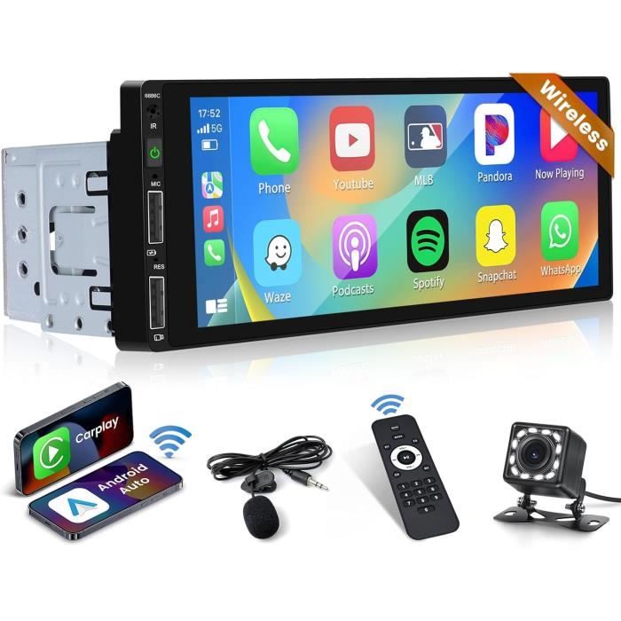 Hodozzy Autoradio 1 Din Avec Carplay Android Auto, Radio 10,1 Pouces Écran Tactile Poste Radio Voiture 1 Din Avec Bluetooth, FM/AM/RDS, Lien Miroir, EQ, USB/AUX, Support Vidéo En Ligne + Caméra Recul