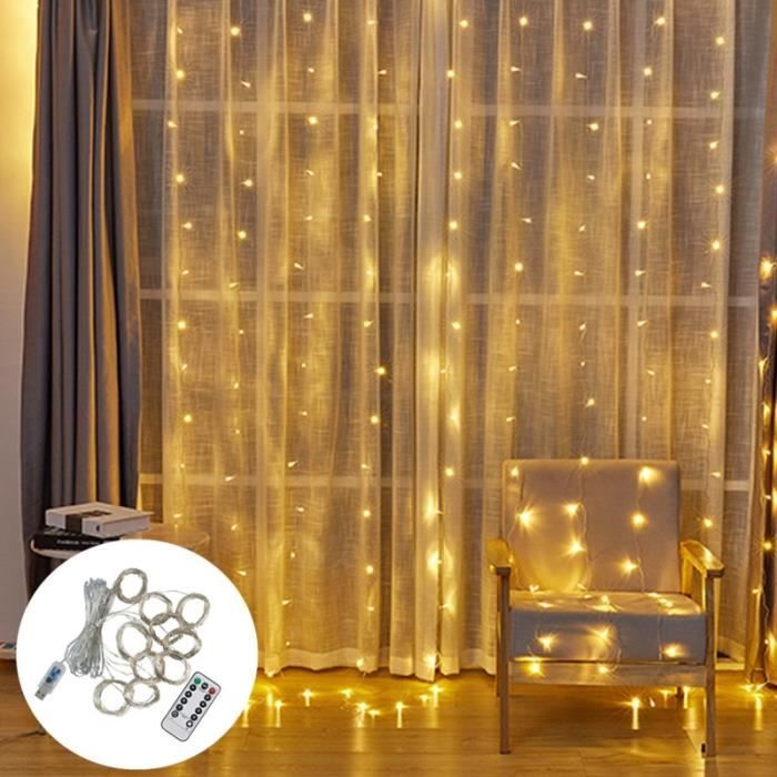 Rideau Lumineux LED 3x2m 200 LEDs – Blanc Chaud – USB, Télécommande, Minuterie, 8 Modes – IP65 Étanché – Déco Noël Mariage Chambre Fenêtre