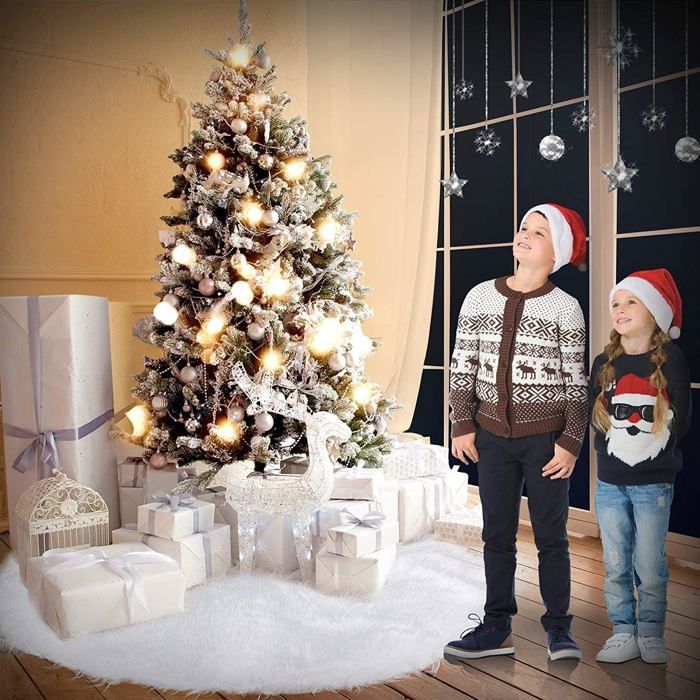 Jupe De Sapin De Noël Blanche En Peluche - 93 Cm De Diamètre, Motifs Flocons Neige, Cache Pieds Et Décor