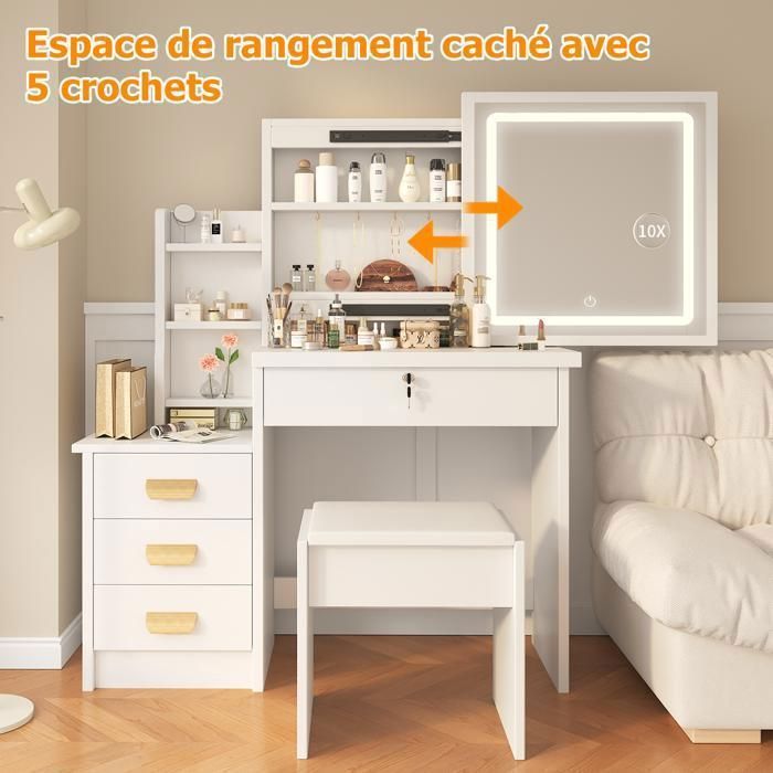 Coiffeuse Avec Miroir LED Et Tabouret - Blanc 60x40 Cm - Miroir 126 Cm, Tiroir, étagères - Éclairage Tactile 3 Couleurs - 11