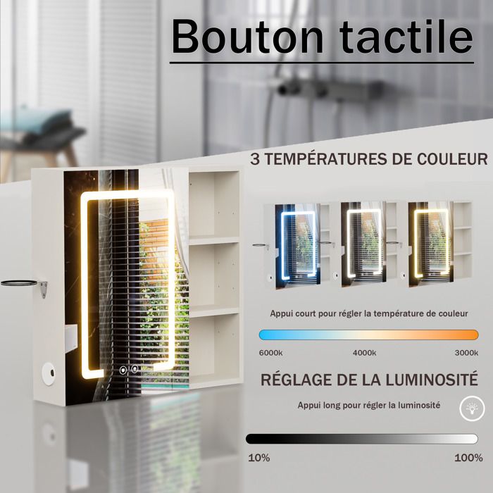 Armoire Murale Salle De Bain Avec Miroir LED Antibuée - 60x15x60 Cm - 3 étagères Réglables, Support Sèche-cheveux - Fixation Murale Ou Encastrable