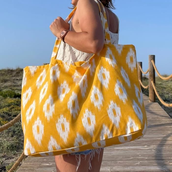 TRESMESTRES Grand Sac de Plage XXL Extra Large Famille Style Mediterraneen Doublure a l Interieur 40L Sac Cabas de Femm 2459 Moutarde Cdiscount Bagagerie Maroquinerie