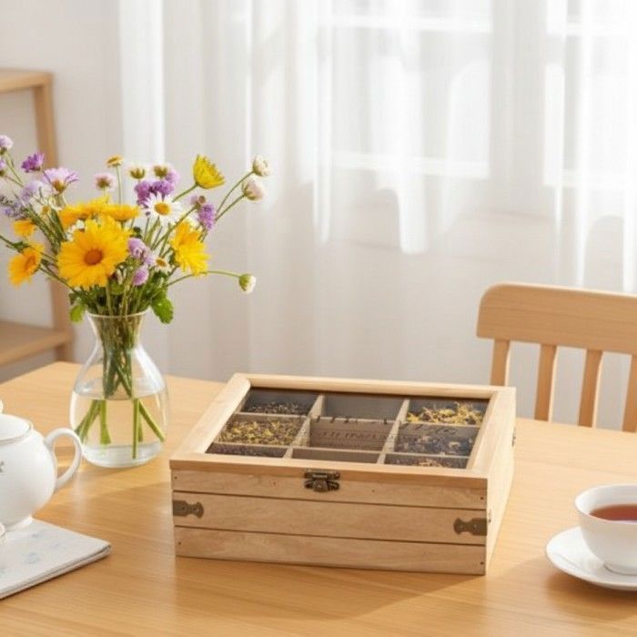 Boîte à Tisane Vintage En Bois - Compartiments Multiples, Marron, 9 Cm De Haut