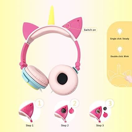 ONTA Casque Audio Enfant avec Oreilles de Chat Licorne, Léger, Écouteurs  Pliables à LED à Lumières pour Filles/Garçons, Réglables, D