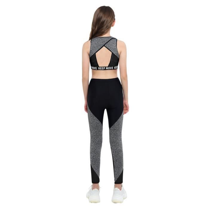 iixpin Ensemble de Sport Fille Enfant Fitness Gym Legging Running Jogging  Yoga Débardeur 4-16 Ans Gris/Noir