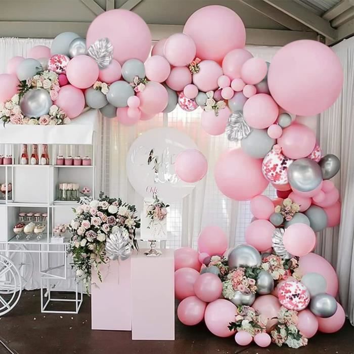 kit de guirlande ballon rose, arche ballon rose décoration anniversaire  fille ballon rose confettis, argent métallisé ballon [63]