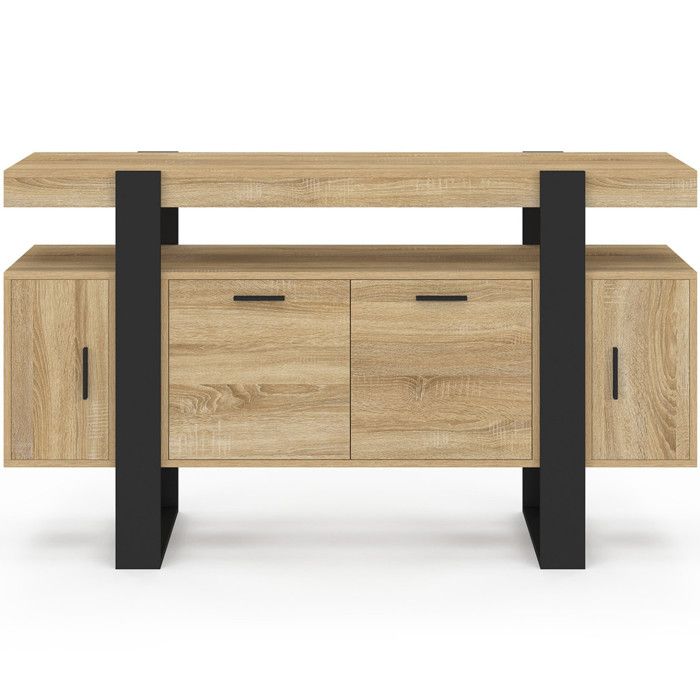 Buffet PHOENIX 100 Cm 4 Portes Bois Et Noir - Style Industriel, Rangement Maxi, Pour Salle à Manger