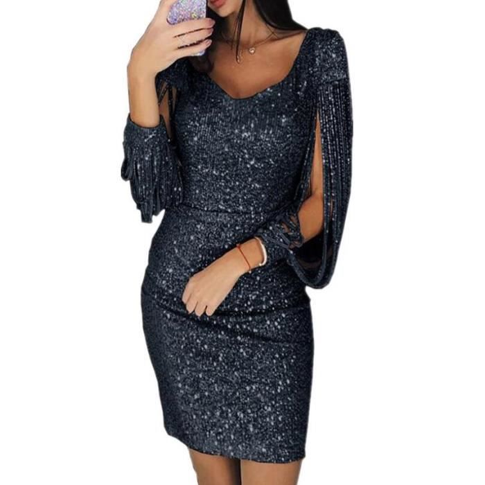 Robe Robe De soiree pour femmes manches longues gaine brillante Sexy De haute qualite paillettes couleur unie avec Type 4 Blanc Cdiscount Pret a Porter