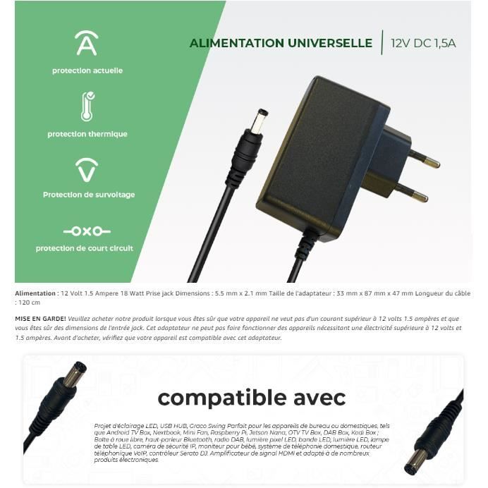 LEICKE Chargeur Secteur 12V 1A 12W | Alimentation Universelle avec Connecteur 5,5 x 2,5 mm, Compatible avec AVM FritzBox, Telekom Speedport, Bande LED, Hub USB, Switch, Disque Dur Extern