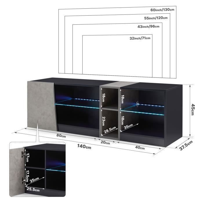 Meuble TV LED Mondeer 140cm Avec 5 Compartiments Et Porte - Blanc Gris Pour TV 55 Pouces