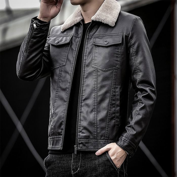 Veste Motard Noir En Faux Cuir Et Laine - Style Pilote - Taille L - Homme