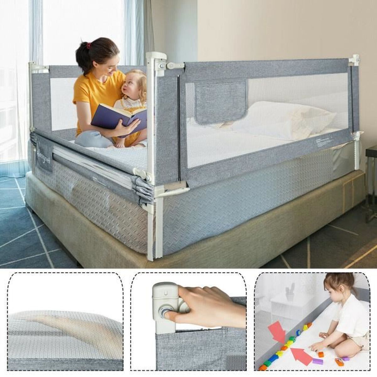Barrière De Lit KESSER 200cm - Protection Antichute Bébé Enfant - Pliable Et Portable - Gris Clair