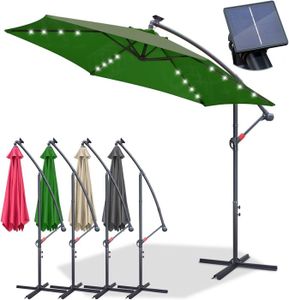 PARASOL Parasol déporté, 300 cm, avec LED solaire, grand, avec support, à manivelle, en aluminium, protection UV, imperméable, pour