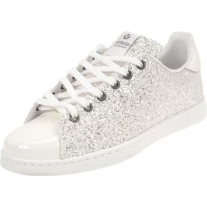 BASKET Sneakers Femme - VICTORIA - Modèle 12558 - Tige Paillettes - Cuir Synthétique Verni Blanc