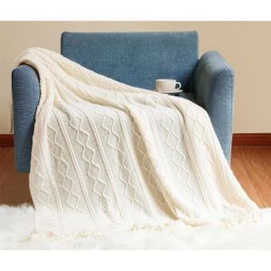 COUVERTURE - PLAID Hayisugal Plaid boho - Couverture en laine douce - Avec pompon - Couverture de canapé - Beige - 130 x 200 cm222