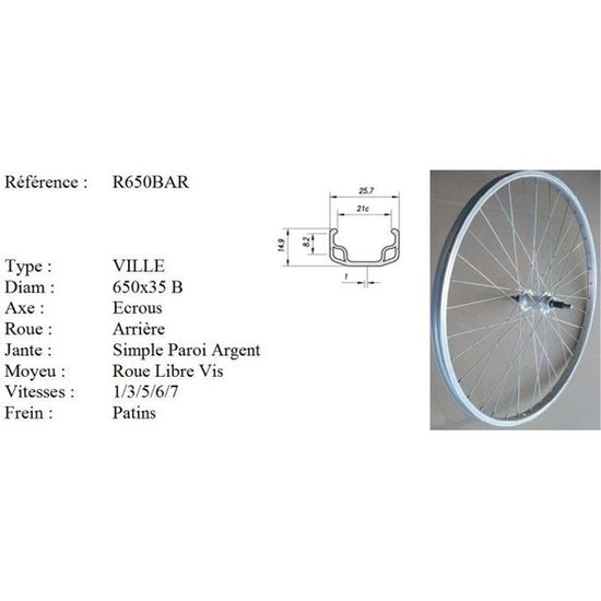 Roue vélo - Roue Arrière vélo - Diamètre 650 (Etrto : 37X584) - 6 Vitesses - Argenté