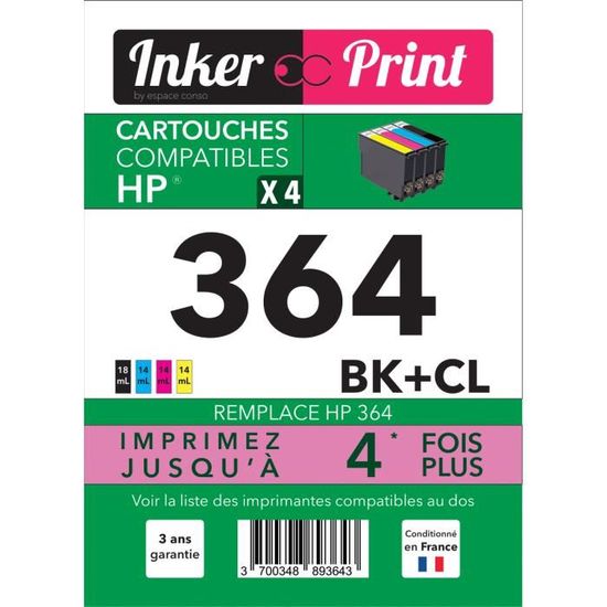 Lot De 4 Cartouches D'encre Compatibles HP 364 XL - Noir + Couleurs Avec Puces Installées - Neuf