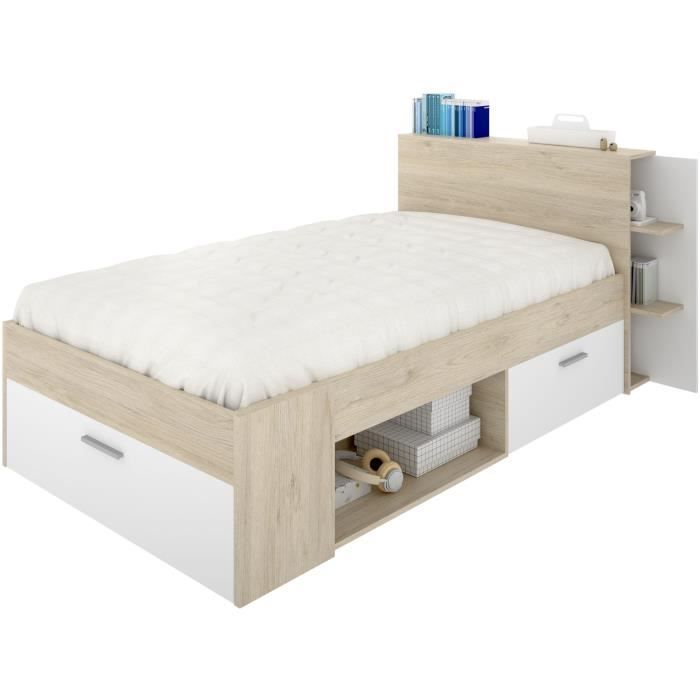 SAX Lit enfant multiples rangements - Décor Chêne et blanc - 90 x 190 cm