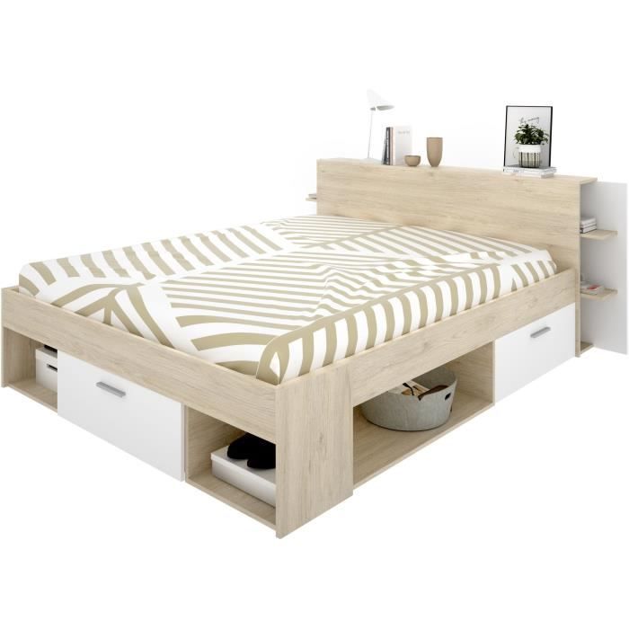 Lit adulte LIFE 2 personnes - 140X190/200 - Rangements - Décor Chene et  blanc - Fabriqué en France - Lit 2 places - Achat & prix