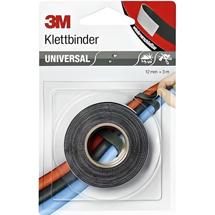 3M BANDE VELCRO UNIVERSELLE, 12MM X 3 M, NOIR/GRIS 661939