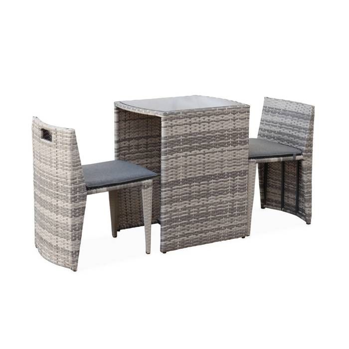 Salon de jardin en résine tressée nuances de gris encastrable Doppio, pour balcon et terrasse
