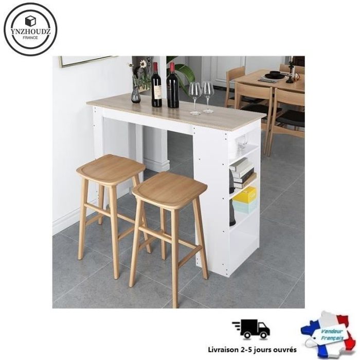 Mange-debout - Table de Bar A manger - Blanc + Chene avec 4 étagères de rangements - L 115 cm