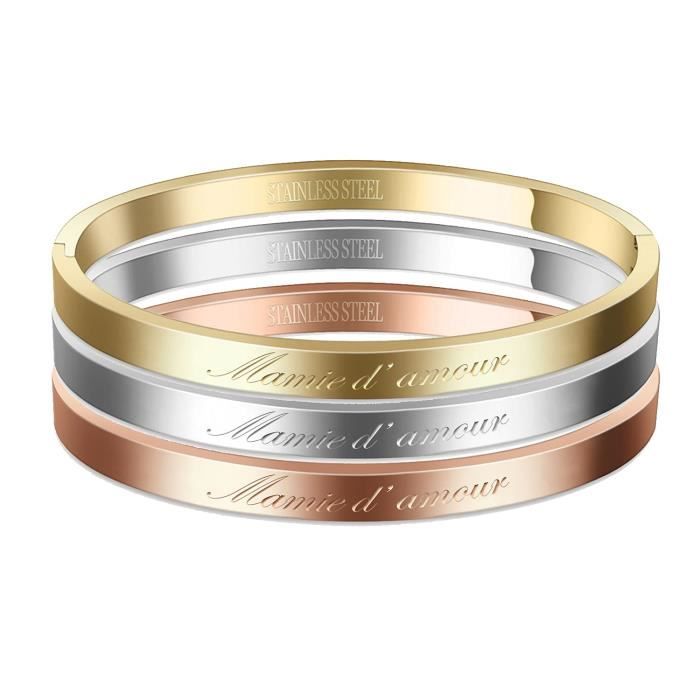 Bracelet Lot de 3 Messages Mamie d'amour Jonc Fin en Acier Inoxydable 316L, AURSTORE bracelet Message