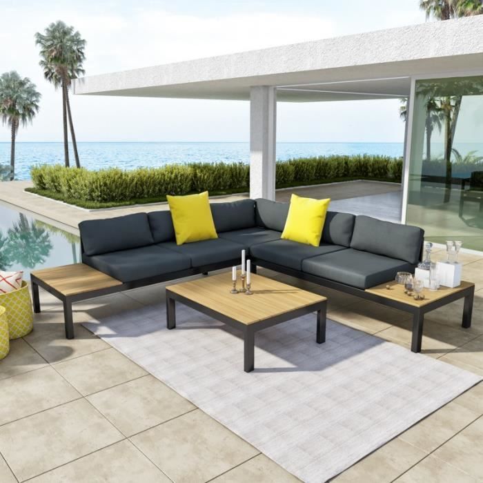 Salon d'angle de jardin design aluminium couleur Gris Noir - MILANO