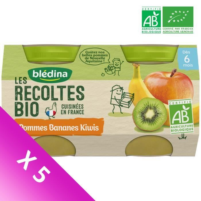 Blédina Les Récoltes Bio, Petits pots pour bébé bio - Dès 6 mois - Pommes Bananes Kiwis - Lot de 5 x 260 g