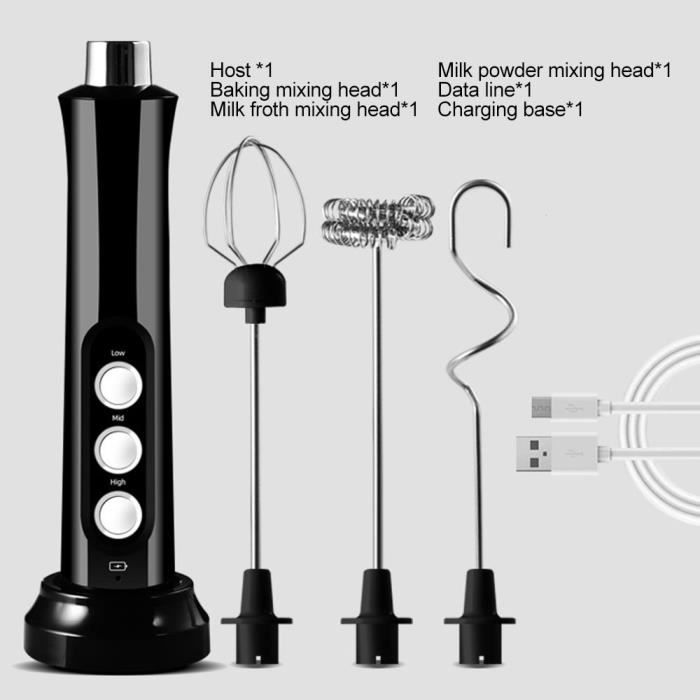 Mixeur plongeant 3 en 1 Multifonction, Avec base de charge 3 régulation de vitesse Pour café, oeuf, lait latte, cappuccino- Noir