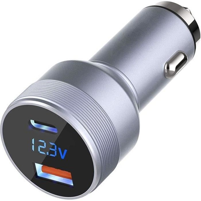 Chargeur de Voiture USB et Type-C, Prise Allume-cigare avec affichage, Quick Charge Argenté