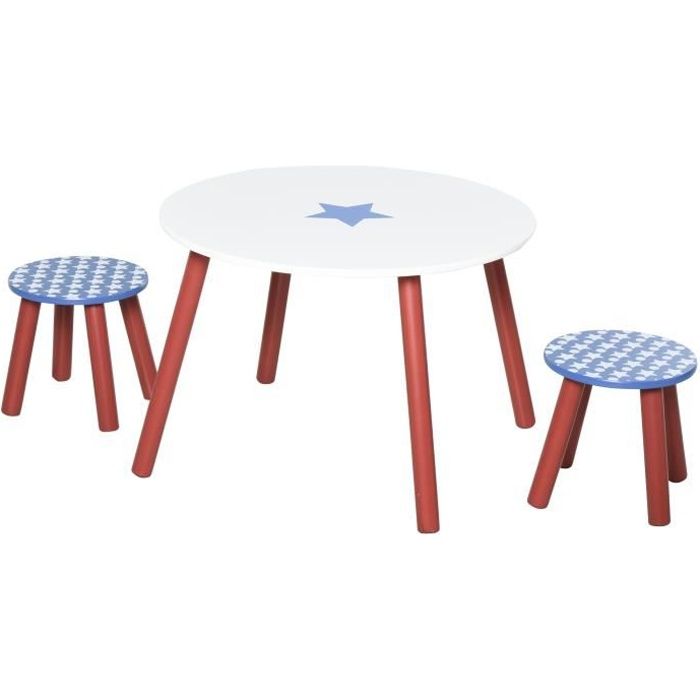Ensemble table et chaises enfant - table ronde + 2 tabourets - motif étoilé - bois pin MDF bleu blanc 60x60x41cm Bleu
