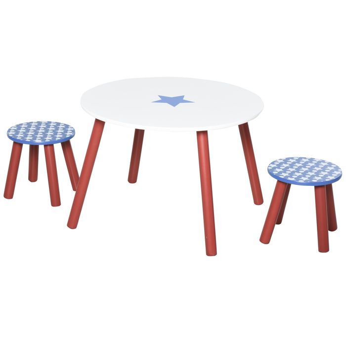 Ensemble table et chaises enfant - table ronde + 2 tabourets - motif étoilé - bois pin MDF bleu blanc 60x60x41cm Bleu