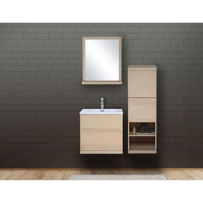 Ensemble salle de bain chêne 60 cm meuble + vasque + miroir + demi-colonne ENIO