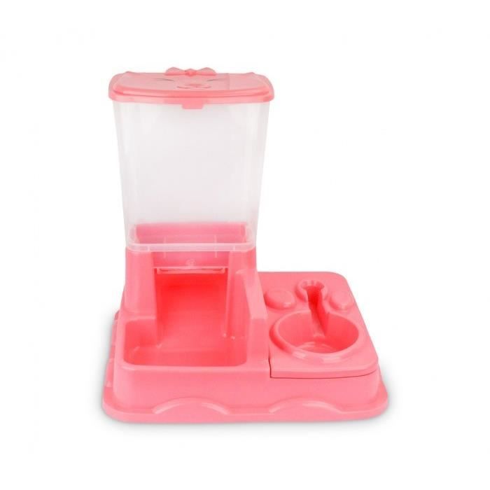 3028 Distributeur automatique de croquettes + eau avec double bol Chien et chat (Rose)