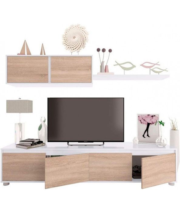 Ensemble TV en panneaux de particules blanc et imitation chêne
