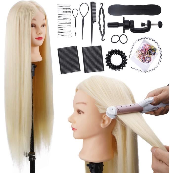 Tête À Coiffer ALUOHA 80cm Professionnelle Têtes d'exercice 100% de Cheveux Synthétiques Coiffure Cosmétologie Pratique Mannequin Po