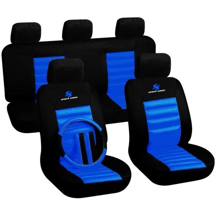 WOLTU Housse de siège universelle,couverture de siège,style sportif,avec couvre volant et protège-ceinture,Noir Bleu