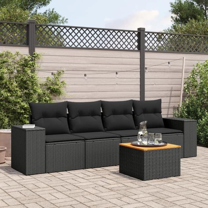 vidaXL Salon de jardin 5 pcs avec coussins noir résine tressée 3257651