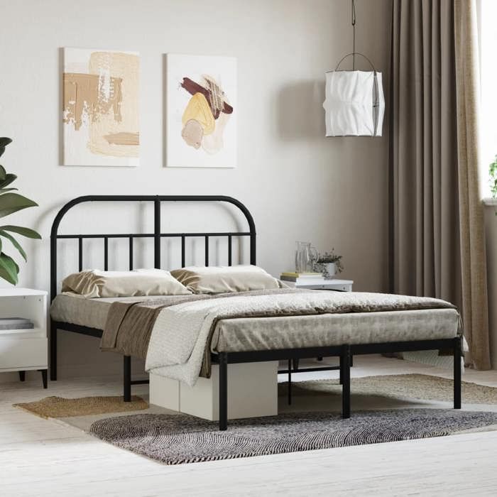 Lit Double En Métal 120x190 Cm Avec Tête De Lit - Cadre Robuste, Sommier à Lattes Inclus | Noir, Style B - 6