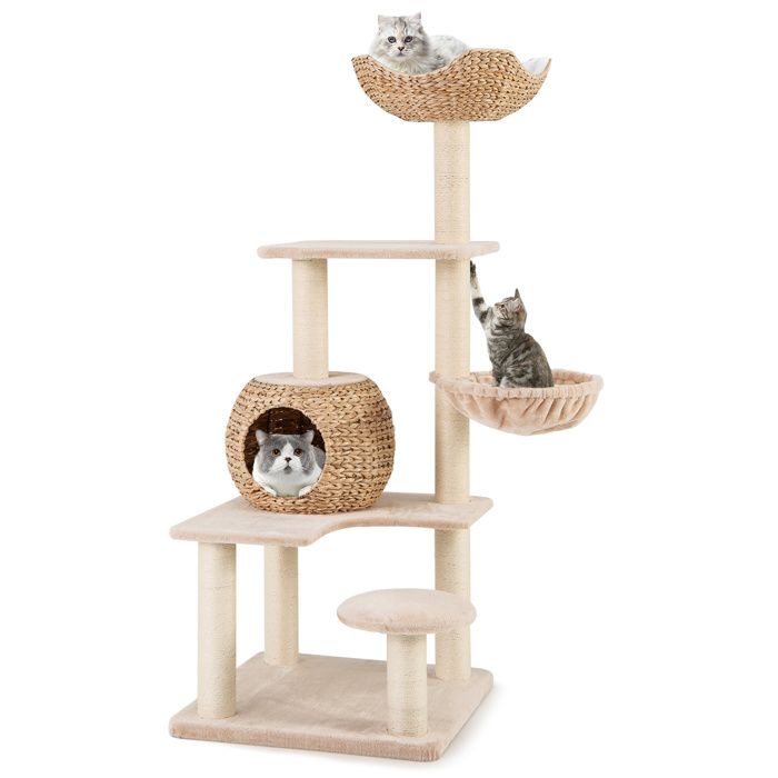 Meilleurs prix pour COSTWAY Arbre à Chat Multi-niveaux 150 cm, Forme de Quenouille, Griffoirs en Sisal, Perchoir, Cabane, Hamac Doux, Coussins Lavables
