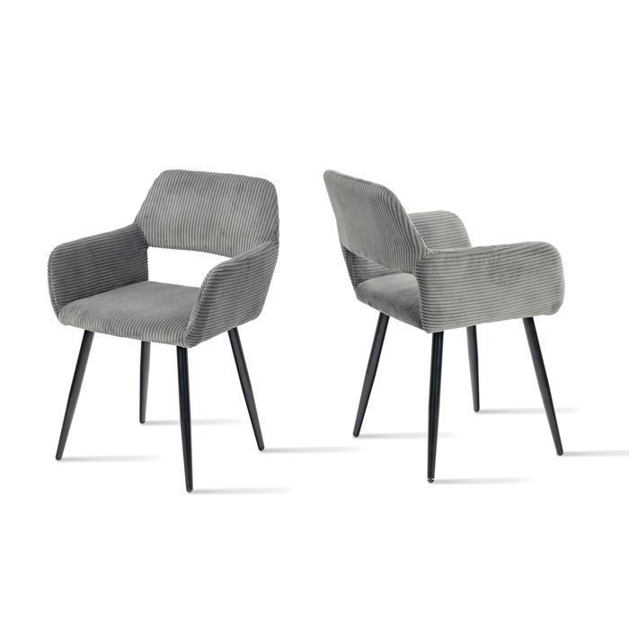 MEUBLES COSY Lot de 2 fauteuils de salle à manger scandinaves avec accoudoirs en velours côtelé gris - CROMWELL