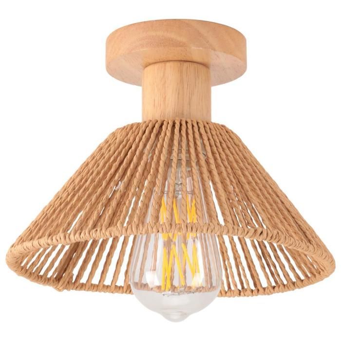 iDEGU Plafonnier Rétro E27 Lampe de Plafond Abat-jour en Rotin et Bois Vintage Lustre Design Chapeau pour Couloir Salon Chambre