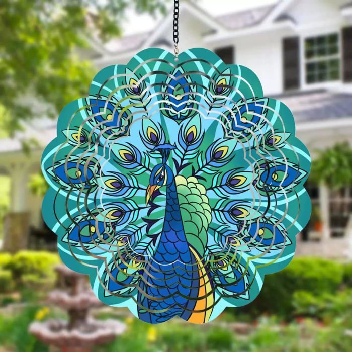 Carillon Éolien Paon 30cm - Décoration Jardin Métal 3D Extérieur Et Intérieur