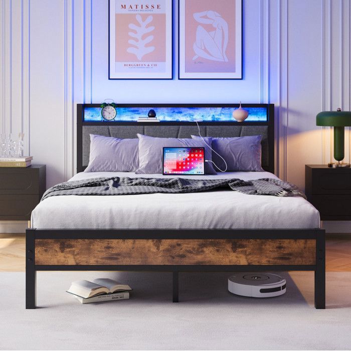 Lit double 140x200cm avec éclairage LED lit adulte avec station de charge USB et tête de lit lattes métalliques marron antique