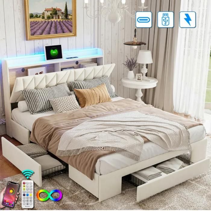 Lit double 160x200cm - ADWOLT - Velours beige - 5 tiroirs - Éclairage LED - Ports USB/AC