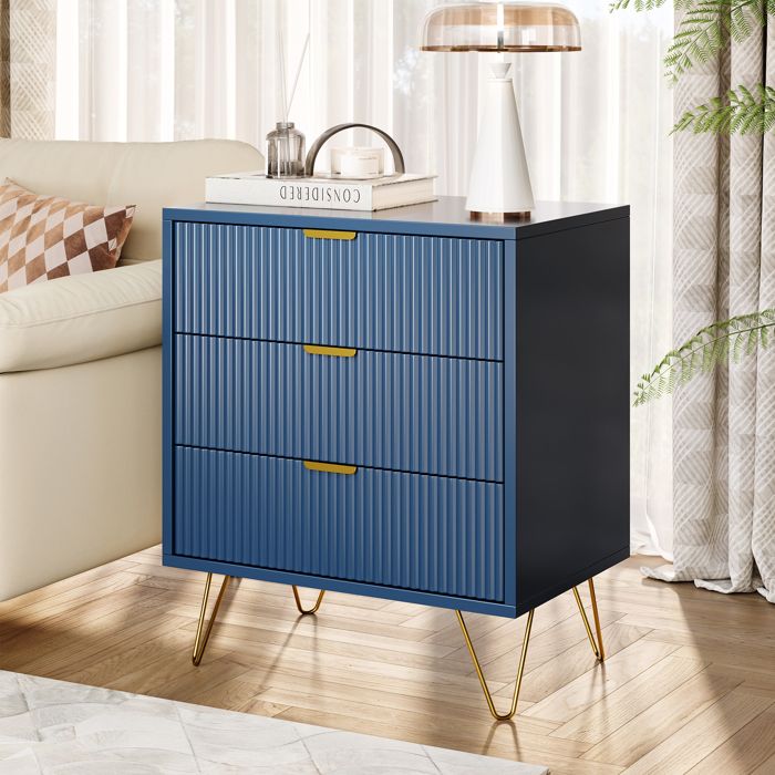 60x40x70cm Commode moderne bleue table de chevet avec 3 tiroirs poignées et base en métal convient pour le salon la chambre