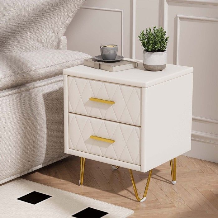 Chevet de lit Lot de 2 Table de Chevet avec 2 Tiroirs Meuble de Chevet avec Manches et Pieds en Couleur Doré Blanc