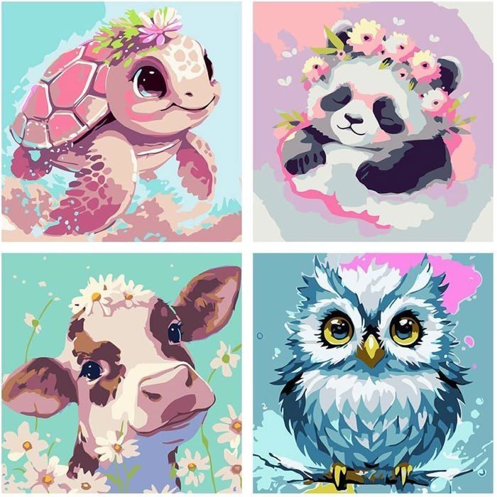 FLAJZ Lot De 4 Peintures Par Numéros Animaux – 20x20 Cm, Toiles Préisprimées, Acrylique, Pinceaux – Cadeau Enfants 5-12 Ans