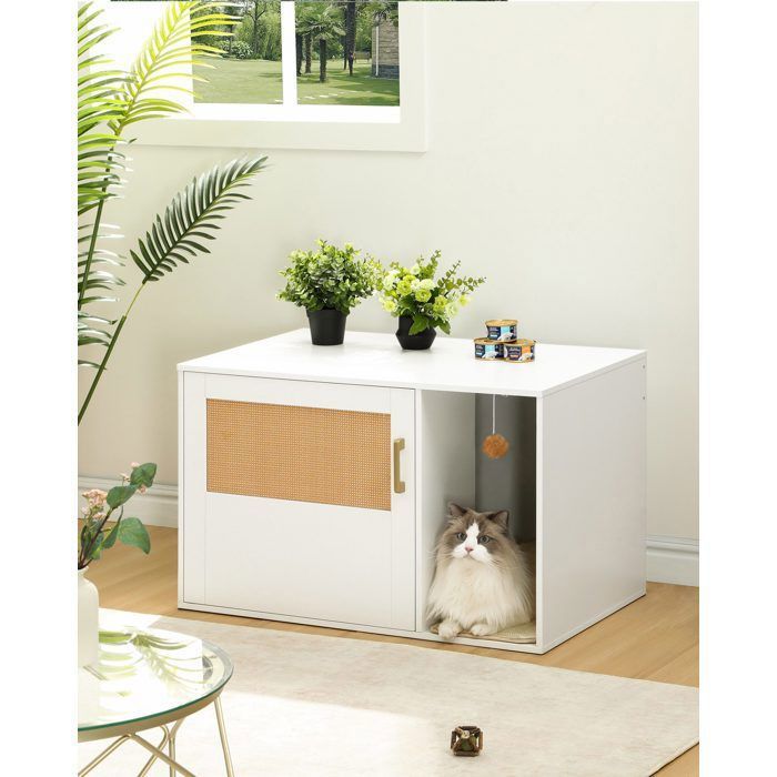 Comparer les prix de Meuble pour chat 50 x 80 x 50 cm avec porte en rotin bac à litière dissimulé niche en bois style bohème meuble de rangement